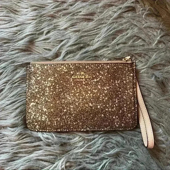 Coach Star Glitter Gold Printed Coated Canvas Corner Zip Wristlet Wallet - Picture 2 of 8